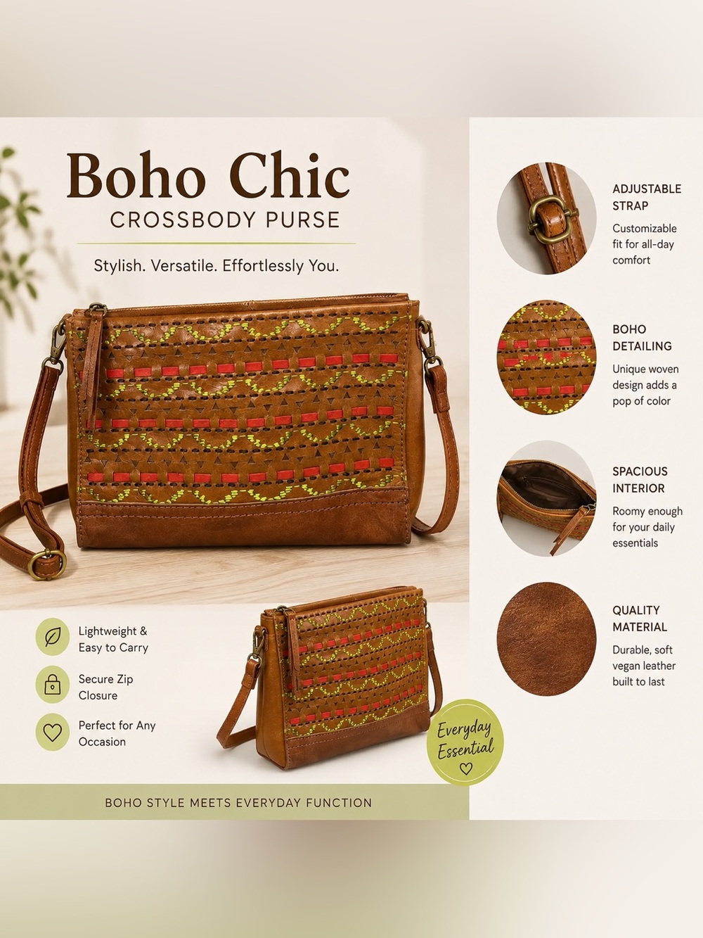 Brown Leather Crossbody Bag with Neon Stitching